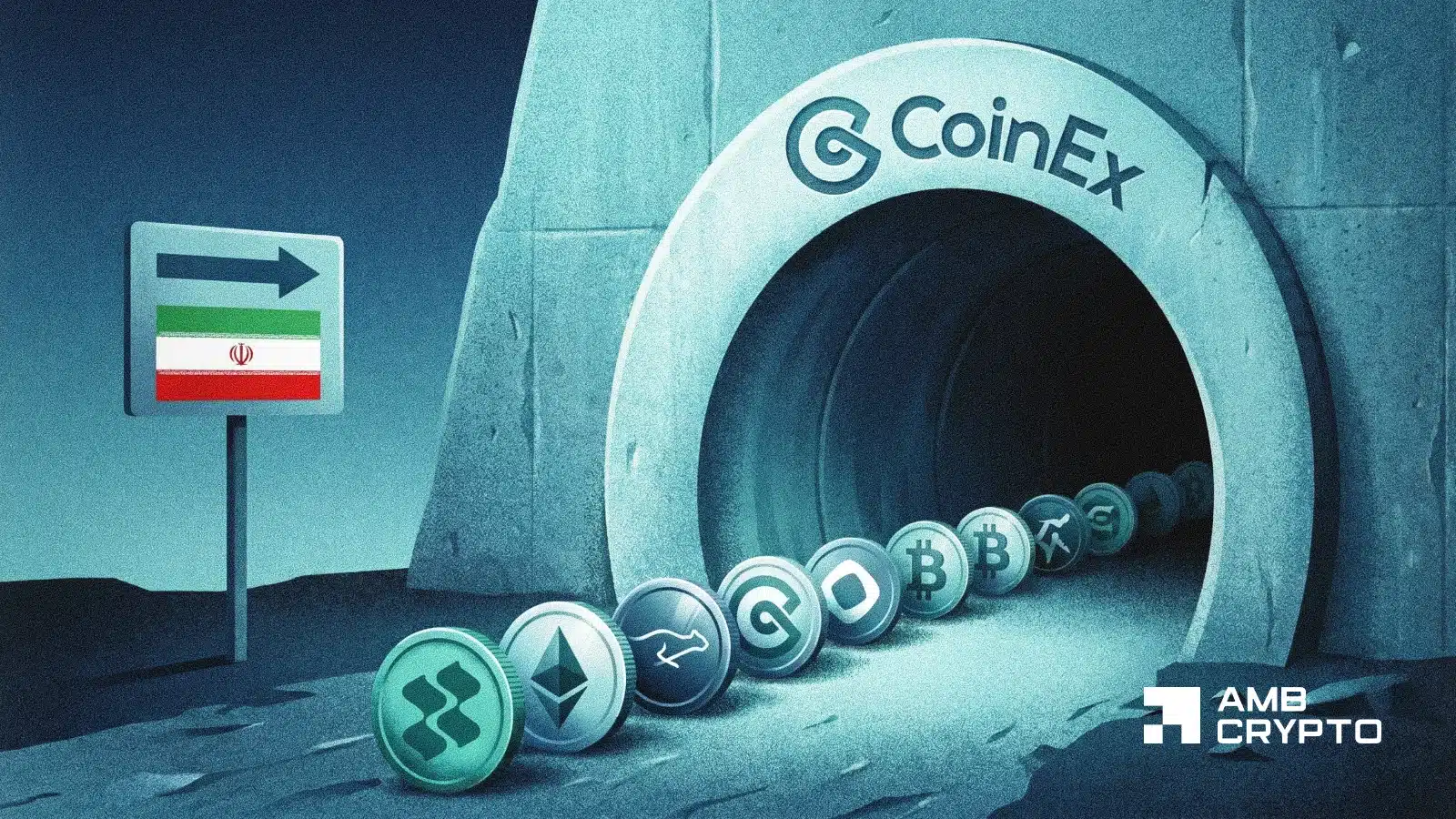 Line of cryptocurrency coins entering a tunnel labeled CoinEx, with an Iran flag road sign nearby and AMB Crypto watermark (informative image).