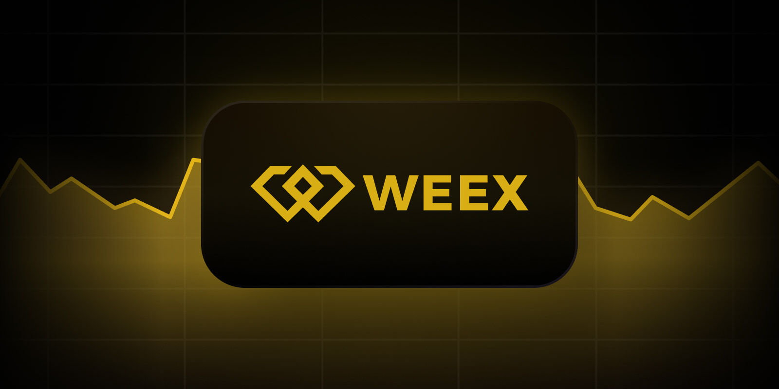 WEEX logo in yellow on a dark rounded rectangle with a glowing yellow line chart in the background