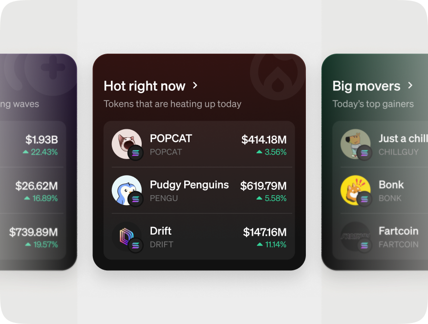 Dark rounded card labeled 'Hot right now' showing tokens heating up today: POPCAT ($414.18M, +3.56%), Pudgy Penguins ($619.79M, +5.58%), Drift ($14,716M, +11.14%).