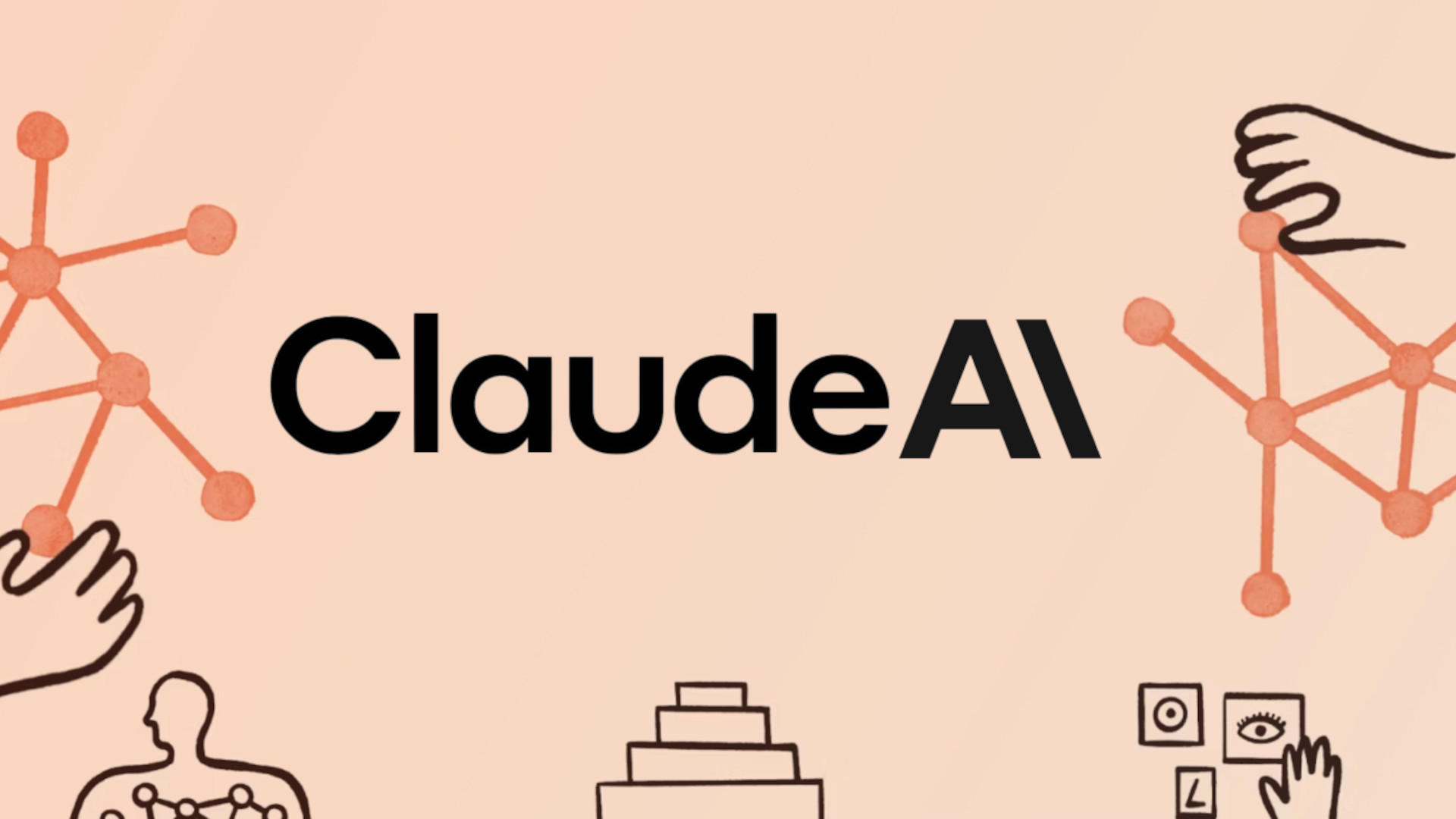 ClaudeAI logo on a peach background with abstract orange network-node illustrations on the sides, branding-focused image