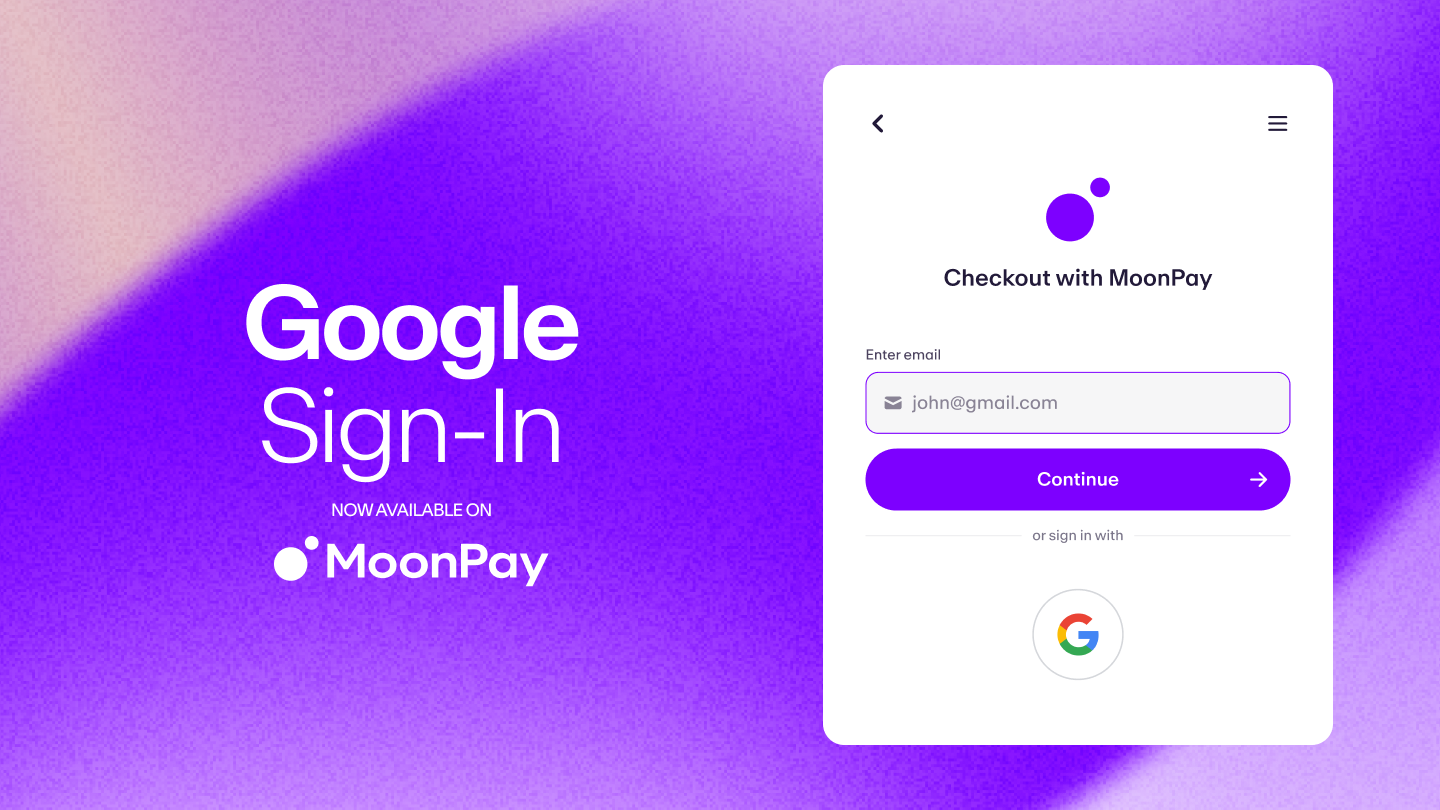 Purple gradient hero with large 'Google Sign-In' text on the left and a white MoonPay checkout card on the right.