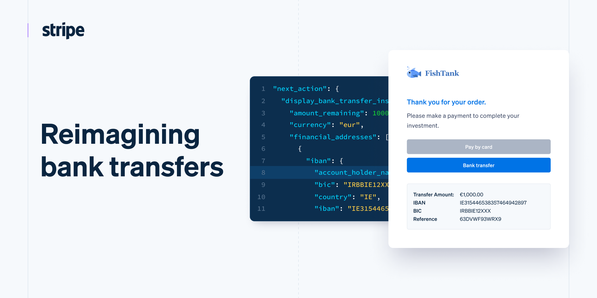 Stripe branding with the bold headline 'Reimagining bank transfers' and a floating FishTank payment card UI.