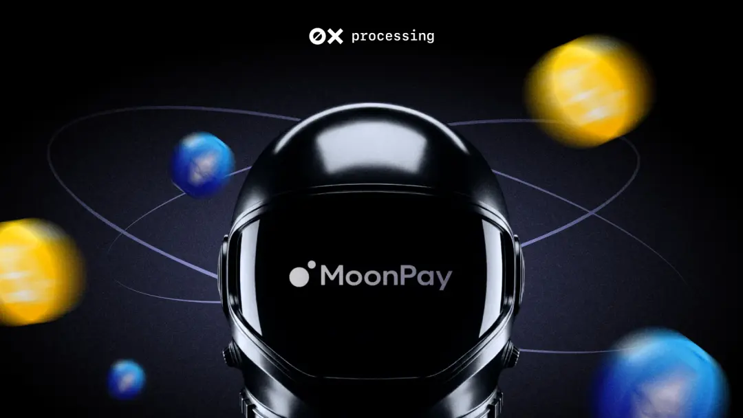 Astronaut helmet with MoonPay logo on visor, orbiting planets in a dark space background.