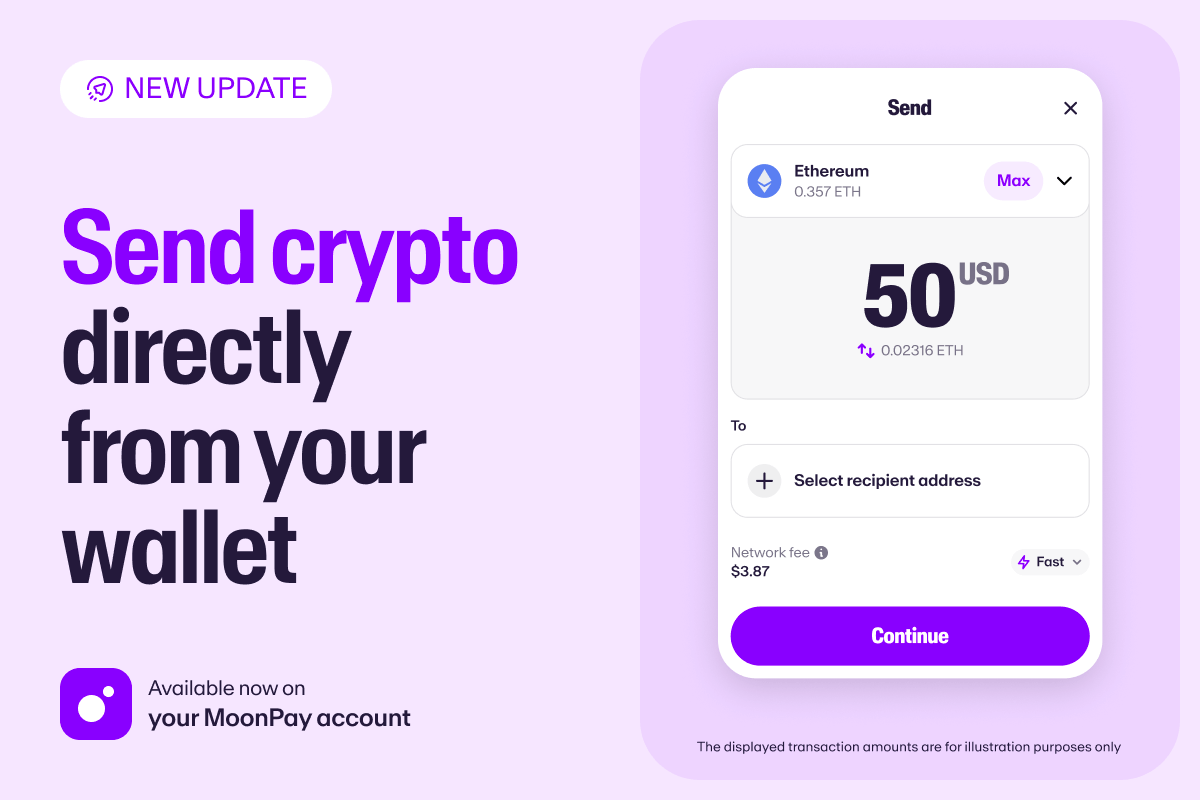 Hero ad: purple-themed screen showing a crypto wallet app with a large "Send crypto directly from your wallet" message on the left and a mock Send screen on the right