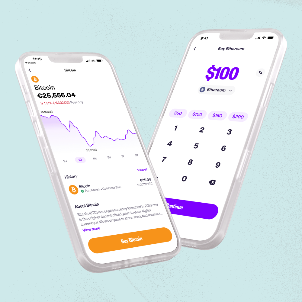 Two angled smartphones display a crypto trading app: Bitcoin price chart on the left and a $100 Ethereum purchase screen on the right.