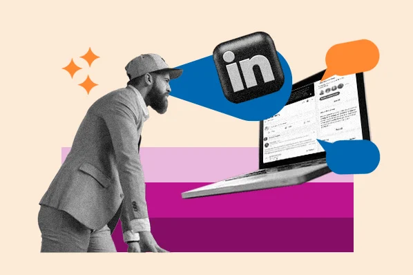 Man in a suit leans toward a laptop screen displaying LinkedIn, with bold geometric shapes in the background.