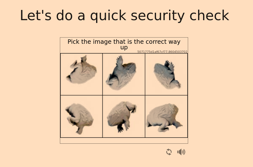 Captcha-style prompt with six thumbnails of a curled white animal in a 2x3 grid; choose the image that is right side up.