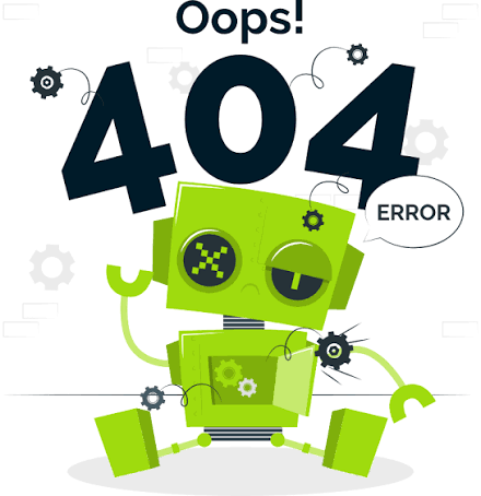 Cartoon green robot with 404 text and an 'ERROR' speech bubble on an "Oops!" 404 page.